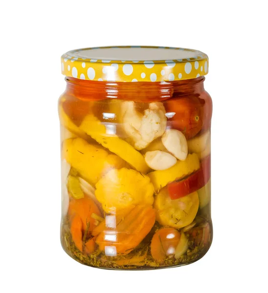 Tinned Vegetables Tomato Garlic Bush Pumpkin Cauliflower Fennel Glass Jar — Stock Photo, Image