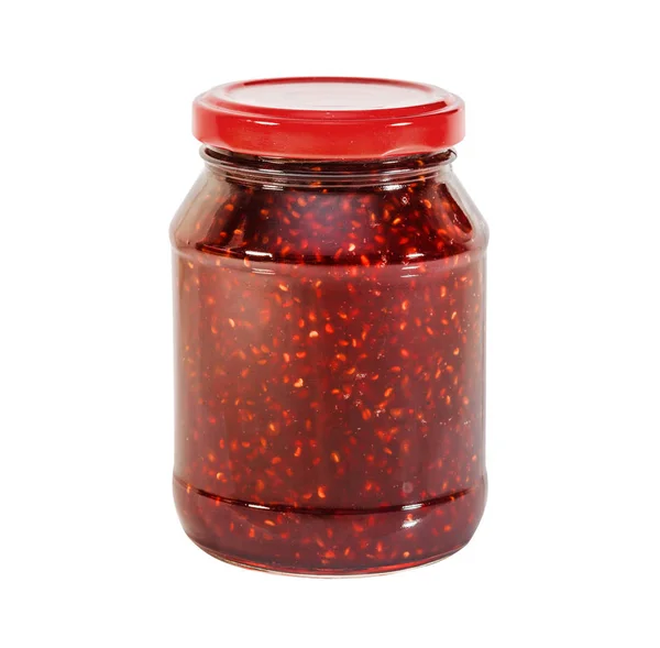 Raspberry Jam Glass Jar Isolated White — Stock Photo, Image