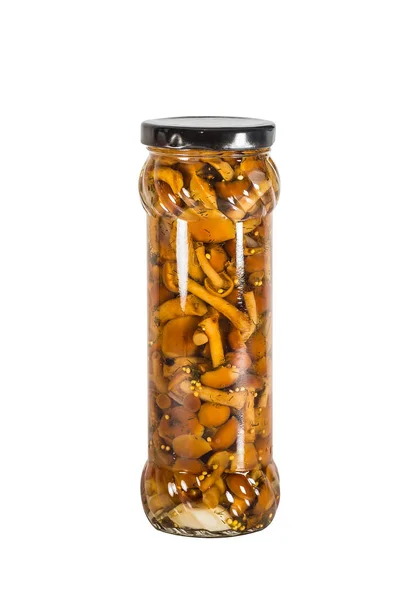 Tinned Marinated Mushrooms Honey Agarics Glass Jar Isolated White — Stock Photo, Image