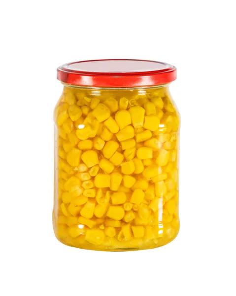 Gemarineerde Helder Gele Korrels Van Mais Een Glazen Pot Geïsoleerd — Stockfoto