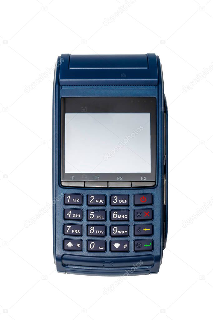 Electronic payment terminal. The case is made of blue plastic. Isolated on white.