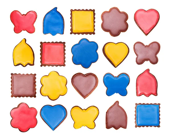 Set Gingerbread Glaze Red Blue Yellow Chocolate Shape Flower Heart — Stock Photo, Image