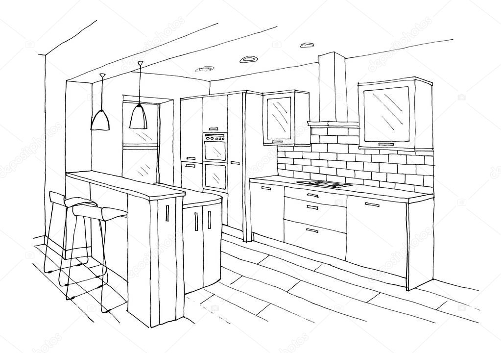 Graphical sketch of an interior kitchen, bar table, high chairs, stove, extractor, oven, liner