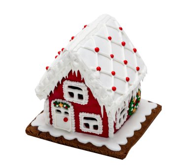 Kırmızı gingerbread house, Noel. El yapımı. Beyaz izole.