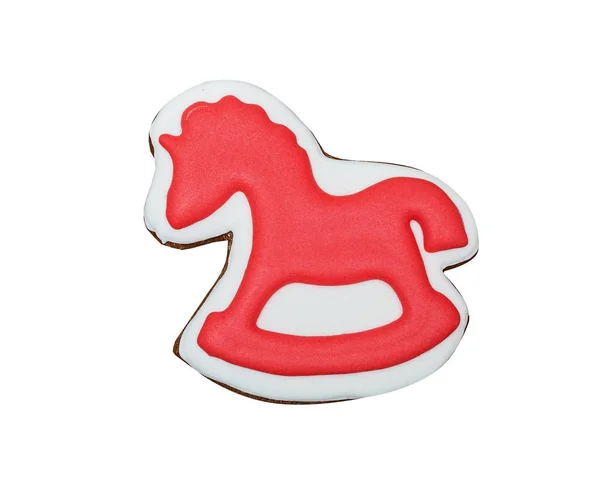 Figura Caballo Pan Jengibre Cubierto Esmalte Blanco Rojo Aislado Sobre —  Fotos de Stock