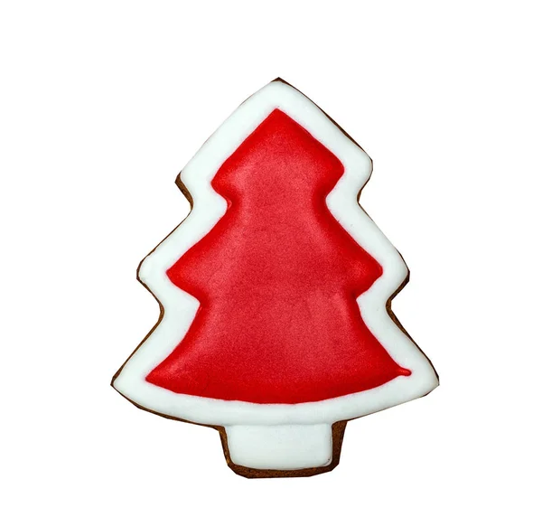 Figura Abeto Pão Gengibre Coberto Com Esmalte Branco Vermelho Isolado — Fotografia de Stock