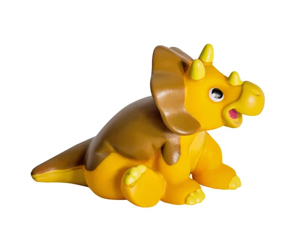 Brinquedo Dinossauro Amarelo Plástico Triceratops Isolado Fundo Branco — Fotografia de Stock