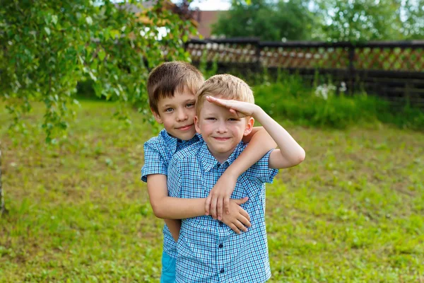 Zeven Jaar Oude Tweeling Jongens Omhelzen Elkaar Een Zonnige Zomerdag — Stockfoto