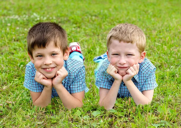 7岁的双胞胎躺在草坪上 夏天的草地上 — 图库照片