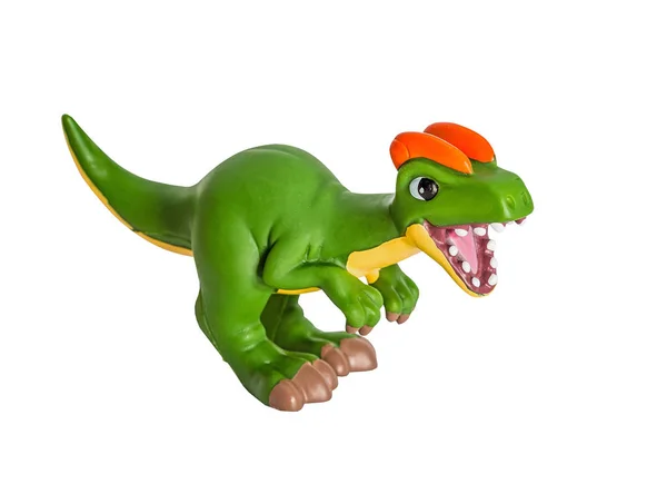 Plástico Laranja Verde Dinossauro Brinquedo Dilofossauro Isolado Fundo Branco — Fotografia de Stock