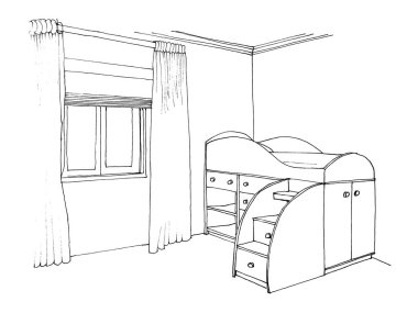 Bir iç çocuk odası ranza merdiven ile grafik sketch pencere