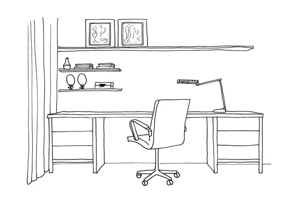 Graphical sketch of an interior  workplace, desk, office chair, liner