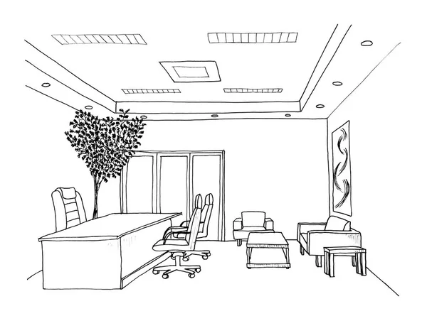 Grafische Skizze Eines Innenraums Büro Rezeption Tisch Sofa Pflanze Liner — Stockfoto