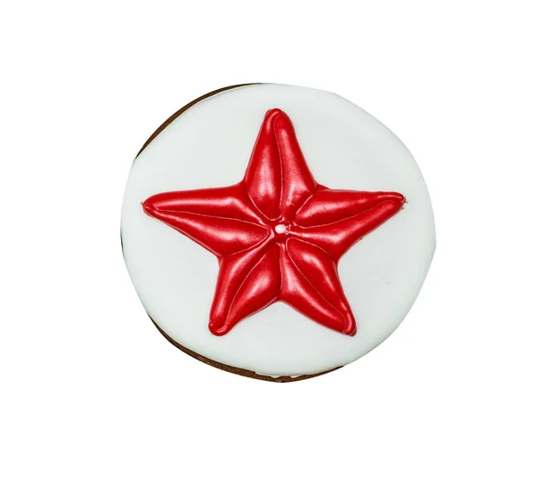 Figura Estrela Pão Gengibre Coberto Glacê Branco Vermelho Isolado Sobre — Fotografia de Stock