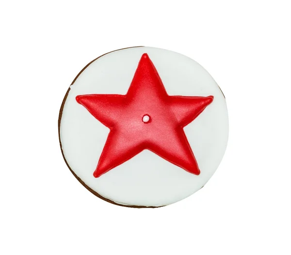 Figura Estrela Pão Gengibre Coberto Glacê Branco Vermelho Isolado Sobre — Fotografia de Stock