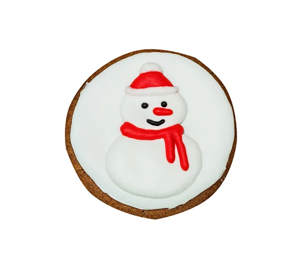 Figuur Sneeuwpop Peperkoek Bedekt Met Wit Rood Glazuur Geïsoleerd Witte — Stockfoto