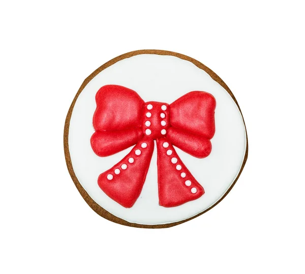 Figure Christmas Bow Gingerbread Covered White Red Glaze Isolated White — Stock Photo, Image