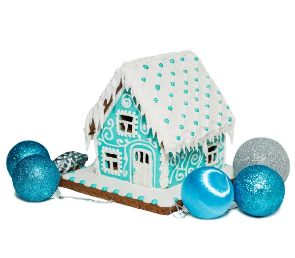 Turquoise Gingerbread House Christmas Christmas Balls Isolated White — Stock Photo, Image