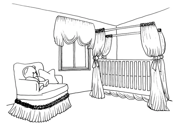 Графічний Ескіз Інтер Єру Дитячої Кімнати Ліжком Вікном Кріслом Плюшевим — стокове фото