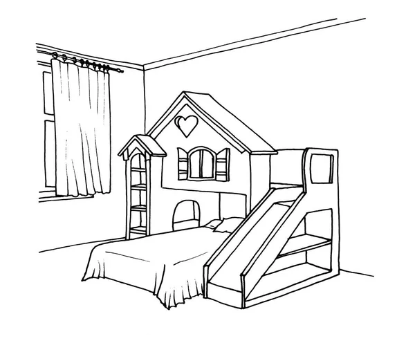 Graphical sketch of an interior children\'s room with a play house