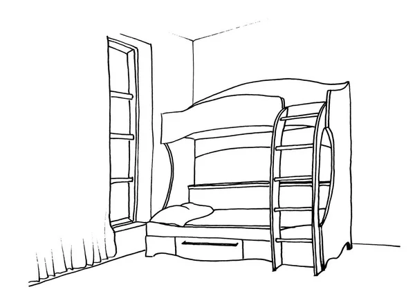 階段とインテリアの子供部屋二段ベッドのグラフィカルなスケッチ — ストック写真