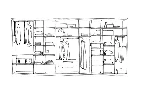 Graphic sketch of a wardrobe with shelves, hangers and clothes
