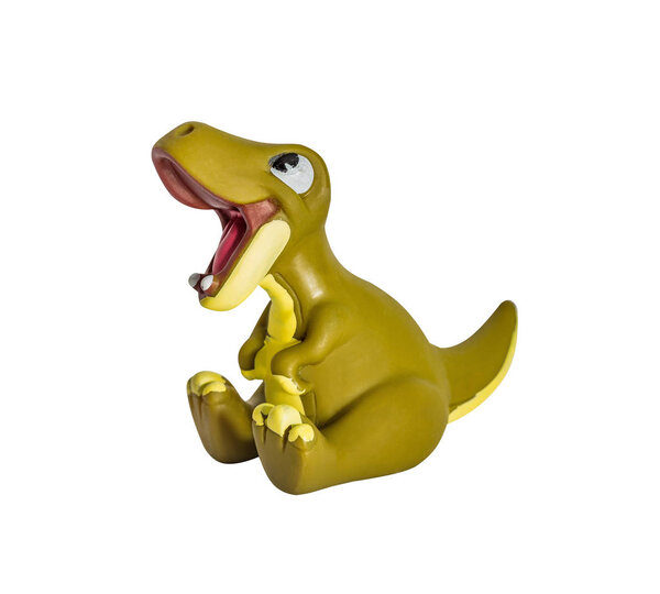 Plastic yellow dinosaur toy, Tyrannosaurus. isolated on white background.