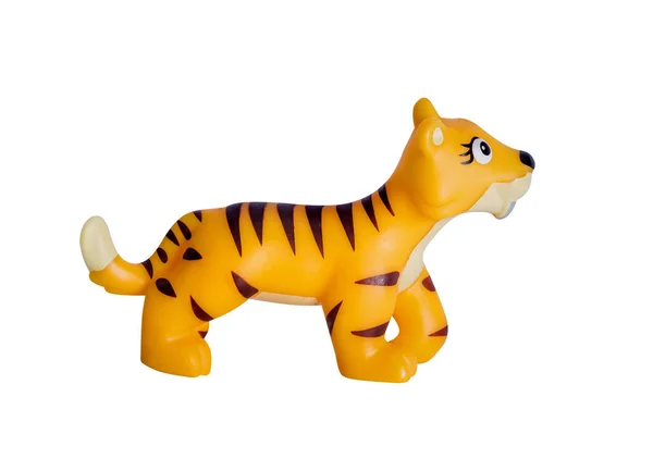 Brinquedo Amarelo Plástico Smilodon Isolado Fundo Branco — Fotografia de Stock