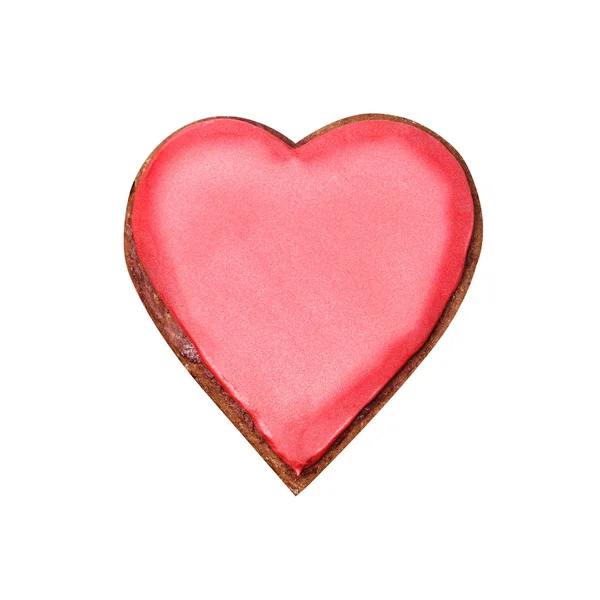 Pão Gengibre Forma Coração Com Esmalte Vermelho Isolado Branco — Fotografia de Stock