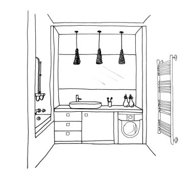 Bir iç banyo çamaşır makinesi, lavabo ve ısıtmalı havlu demiryolu, liner ile grafik çizimi