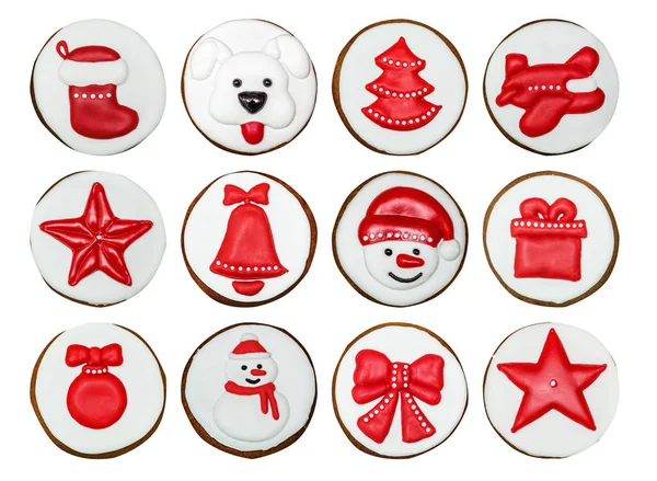 Set Gingerbreads Bedekt Met Wit Rood Glazuur Handgemaakte Sneeuwpop Boog — Stockfoto