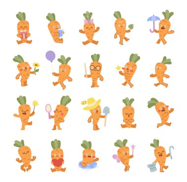 Doğum günü, eğitim, spor, tatil, sevgililer günü, yoga, bahçıvanlık, kutlama, meditasyon gibi etkinliklerle duygularını ve pozlarını gösteren İskandinav tarzındaki havuç karakterleri