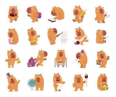 Okuma, öğrenme, çizim, resim, öğretim, öğrenme, öğrenme, öğrenci, fen gibi konuları içeren İskandinav tarzında belirlenmiş bir Capybara okul karakteri