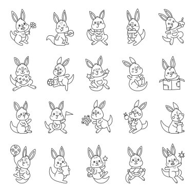 Kanguru karakteri, farklı duyguları olan ve doğum günü kutlaması, bayram, öğrenme, okuma, spor, sihir, hediye verme ve rahatlatıcı anları içeren ana hatları çizilmiş bir sanat eseridir.