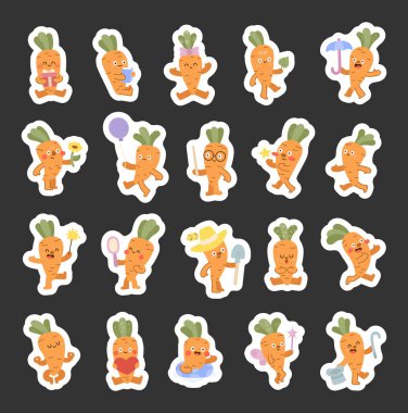 Doğum günü, eğitim, spor, tatil, sevgililer günü, yoga, bahçıvanlık, kutlama, meditasyon, tatil gibi etkinliklerle duyguları ve pozları gösteren İskandinav tarzındaki havuç karakterleri