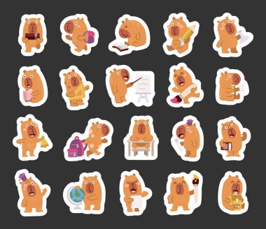 Okuma, öğrenme, çizim, resim, öğretim, öğrenme, öğrenme, öğrenci, fen gibi konuları içeren İskandinav tarzında belirlenmiş bir Capybara okul karakteri