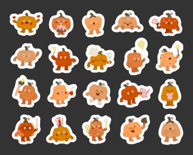 İskandinav tarzında hazırlanmış bir balkabağı karakteri doğum günü, bayram, kutlama, sevgililer günü, yemek pişirme, resim yapma, bahçe işleri, spor, sihir ve zaferle poz veriyor.