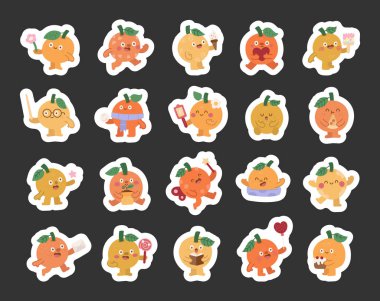 İskandinav tarzında ayarlanmış turuncu karakter çok farklı duyguları gösteriyor ve yemek, tatlı, tatil, sevgililer günü, ders çalışma, peri, kutlama, dinlenme, yüzme, doğum günü pozları veriyor.