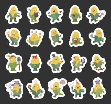 Doğum günü, kutlama, sevgililer günü, yemek pişirme, okuma, hediye tutma, top, kitap, balon, spatula gibi çeşitli pozlar içeren İskandinav tarzında hazırlanmış mısır karakteri.