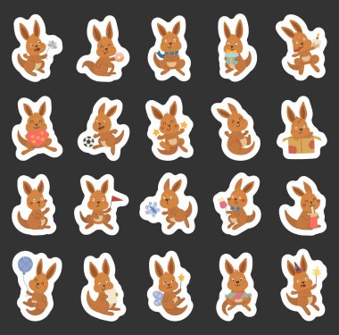 Kanguru karakteri İskandinav tarzında farklı duygulara sahip ve doğum günü kutlaması, bayram, öğrenme, okuma, spor, sihir, hediye verme ve rahatlatıcı anları içeren pozlar veriyor.