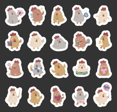 İskandinav tarzında ayarlanmış tavuk karakteri birçok farklı duygu ve komik pozlar gösteriyor bayram, kutlama, doğum günü, paskalya, sevgililer günü, hediye, çalışma, spor, sihir, balon