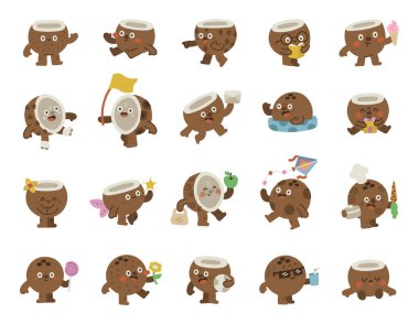 İskandinav tarzında ayarlanmış hindistan cevizi karakteri farklı duyguları gösteriyor ve selamlama, öğrenme, yemek pişirme, kutlama, rahatlama, alışveriş, okuma, uyku, yeme ve içme gibi pozlar veriyor.