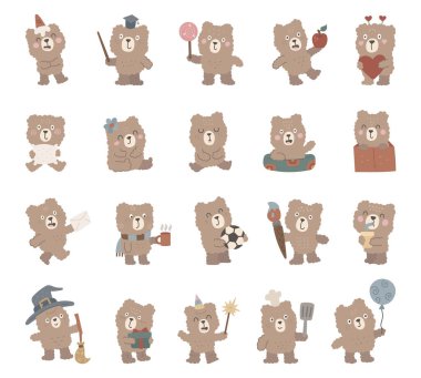 Oyuncak ayı karakteri İskandinav tarzında ayarlanmış farklı komik duygular gösteriyor ve tatil, kutlama, doğum günü, balon, sevgililer günü, spor, yemek, içki, sihir ile poz veriyor.