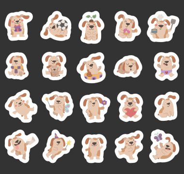 İskandinav tarzında hazırlanmış köpek karakteri komik duygular ve çeşitli pozlar gösteriyor. Bayram, kutlama, doğum günü, sevgililer günü kartı, yemek pişirme, kelebek, dinlenme, dans, peri büyüsü.