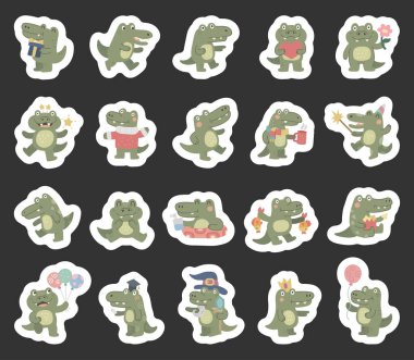 Farklı duygular gösteren ve doğum günü, kutlama, sevgililer günü, eğitim, tatil, tatil, dinlenme, sihir, yiyecek ve içecekle poz veren İskandinav tarzı bir timsah karakteri.