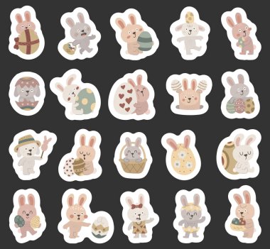 Paskalya tavşanı karakteri İskandinav tarzında ayarlanmış, ellerinde süslü yumurtalar, sepetler tutan tavşanlar ve farklı duygular ve sevimli pozlar sergileyen bahar tatilini kutluyor.