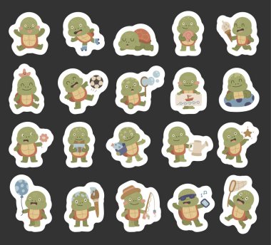 İskandinav tarzında ayarlanmış kaplumbağa karakteri çiçek, spor, tatil, doğum günü, yemek, bahçıvanlık, yıldız, balon, hediye, balıkçılık gibi farklı duyguları ve pozları gösteriyor.