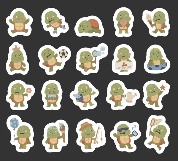 İskandinav tarzında ayarlanmış kaplumbağa karakteri çiçek, spor, tatil, doğum günü, yemek, bahçıvanlık, yıldız, balon, hediye, balıkçılık gibi farklı duyguları ve pozları gösteriyor.