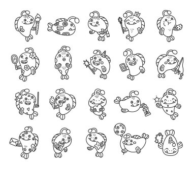 Anglerfish karakteri, farklı duyguları gösteren ve elinde hediye, balon, kurabiye, fener gibi objeler tutarken deniz atmosferinde su altında poz veren ana hat sanatında yer alır.