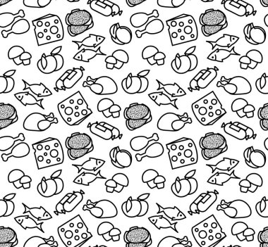 Siyah ve beyaz seamless modeli farklı gıda ile.